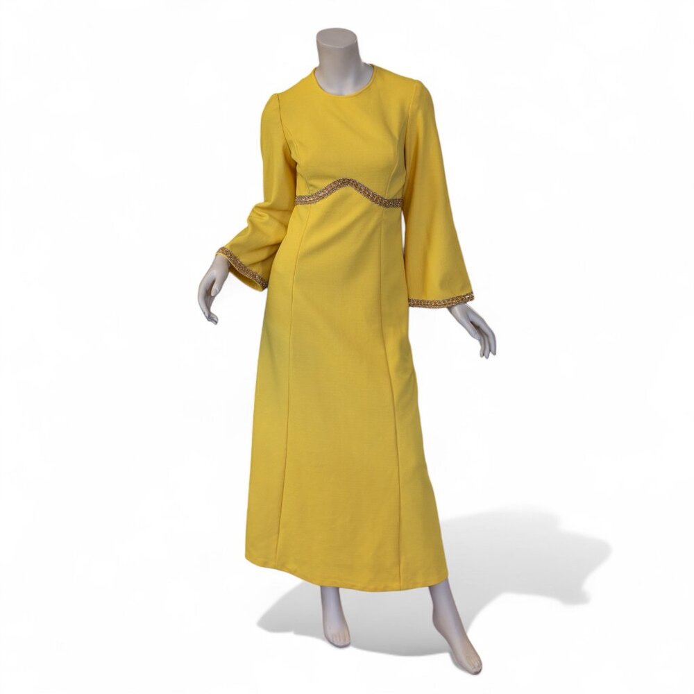 Vintage 1960s Goldenrod Yellow Maxi Dress with Metallic Gold Trim